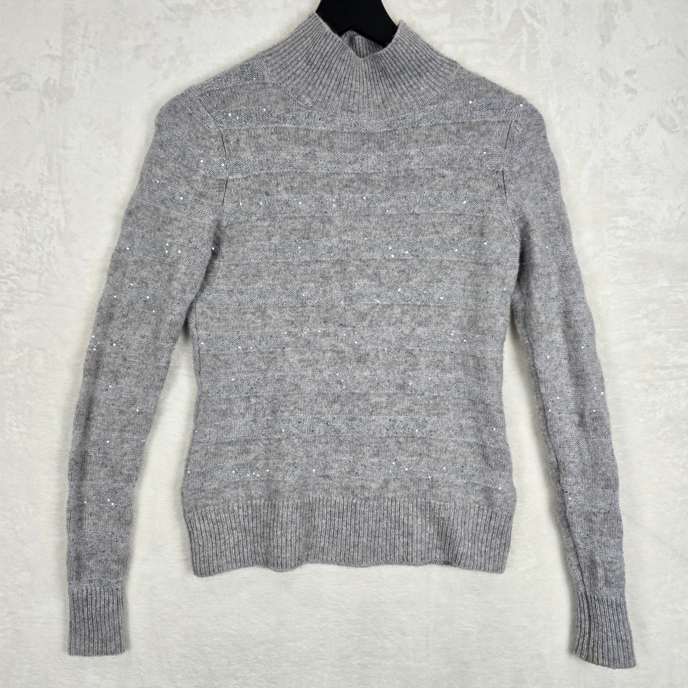 In Cashmere Gray Sequin Mock Neck Sweater Womens XS Cashmere Blend Shimmer Top